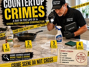 Infographic poster titled Countertop Crimes showing a worker at a bench with four labeled crime categories and a 'Crime Scene Do Not Cross' line—educational countertop crime awareness.
