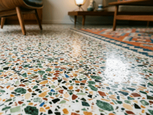 Close-up of a terrazzo floor with multicolored stone chips and a glossy finish, with living room furniture in the background.